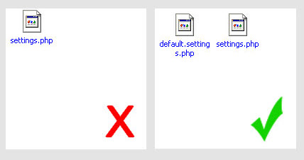 Не удаляйте default.settings.php!