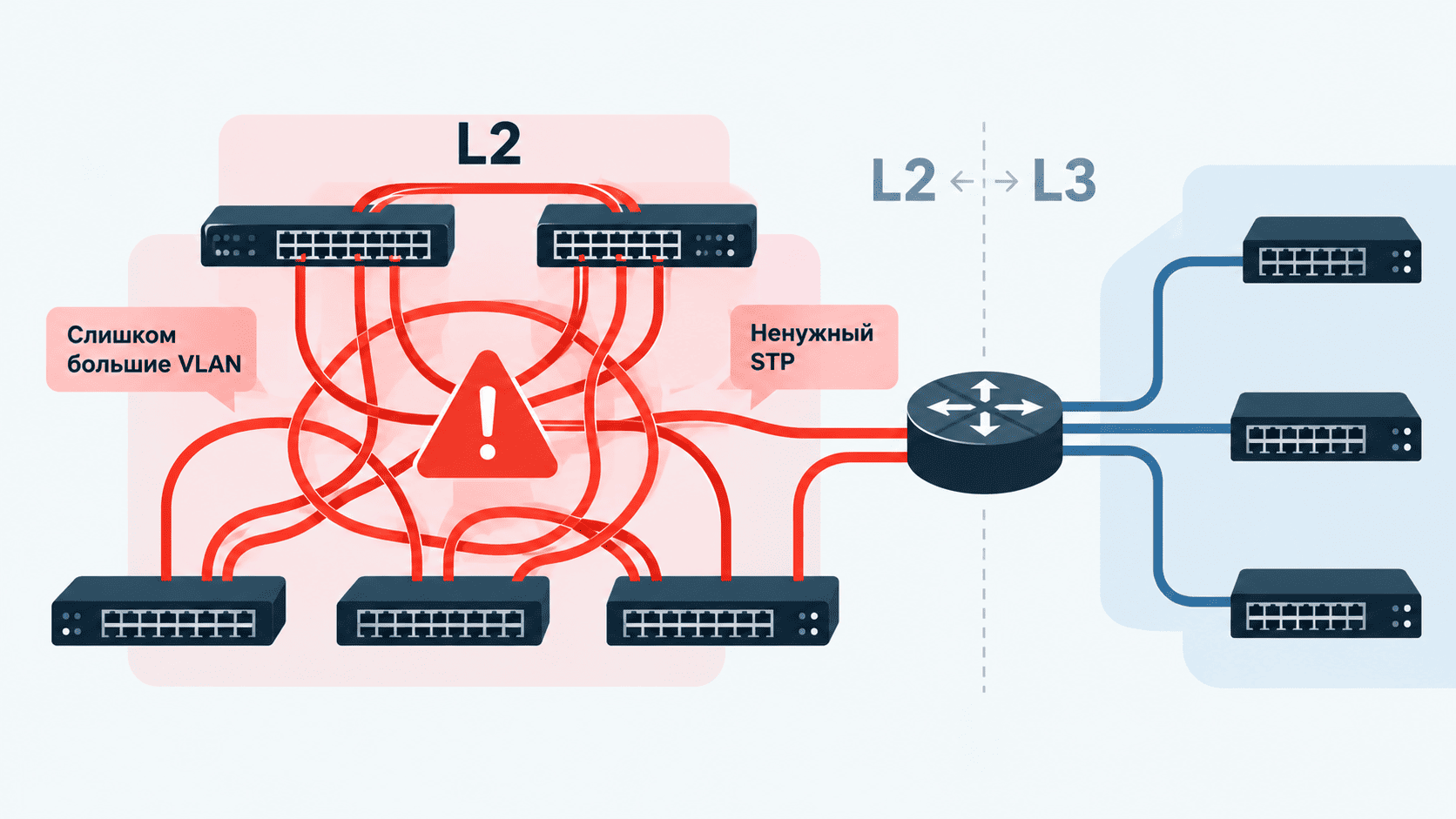 Cлишком большие VLAN, ненужный STP и другие ошибки в дизайне L2/L3