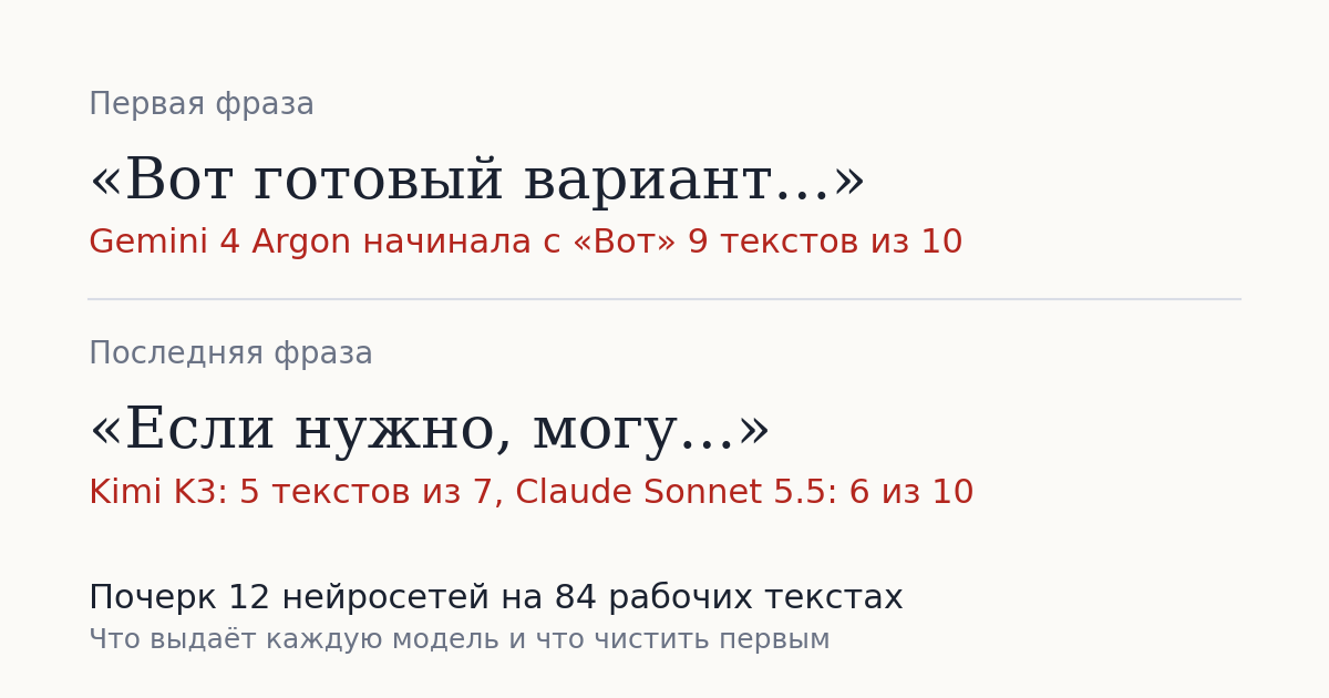 Gemini начинает с «Вот» 9 текстов из 10. Почерк 12 нейросетей в рабочих текстах