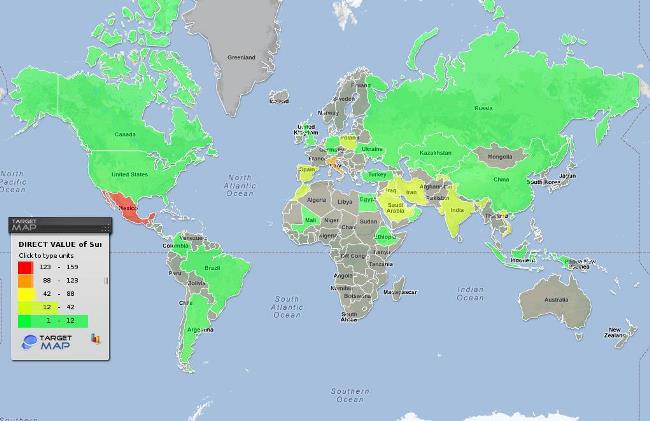 Суммарное число зафиксированных попыток установки RCS на компьютерах пользователей в разных странах мира, январь 2012 – февраль 2013