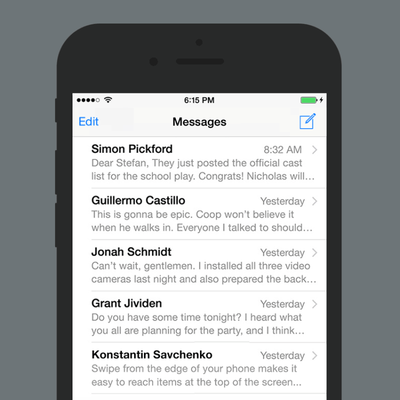 Концепция мобильного интерфейса для одной руки. Свайп от края телефона активирует функцию, обозначенную иконкой на панели инструментов с соответствующей стороны телефона. В данном случае — создание нового сообщения в iOS Messages и возвращение назад к списку сообщений.