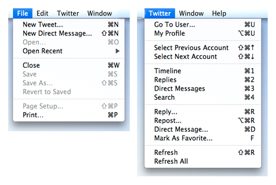 Shortcuts in Tweetie for Mac
