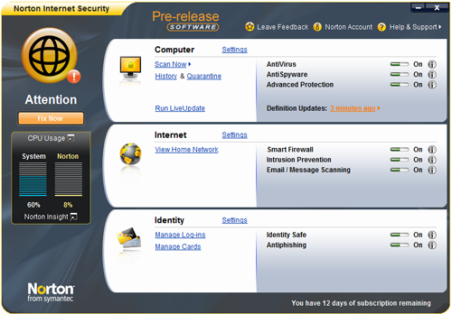 Интерфейс Norton Internet Security 2009