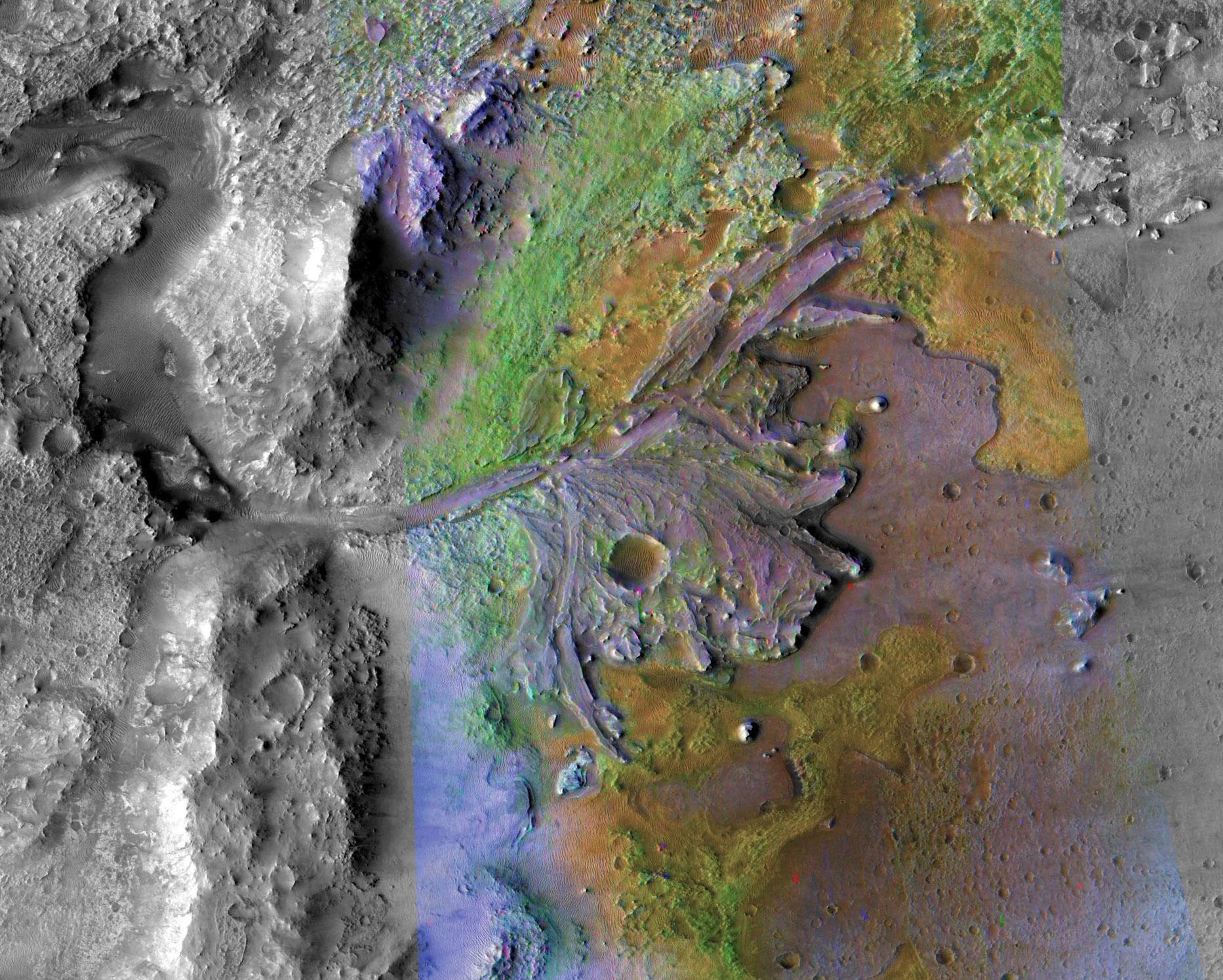 Это изображение кратера Джезеро на Марсе, места посадки миссии НАСА Марс-2020, было сделано приборами орбитального аппарата НАСА Mars Reconnaissance Orbiter.