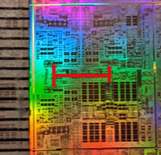 CPU die with L2-cache to core arrows shown