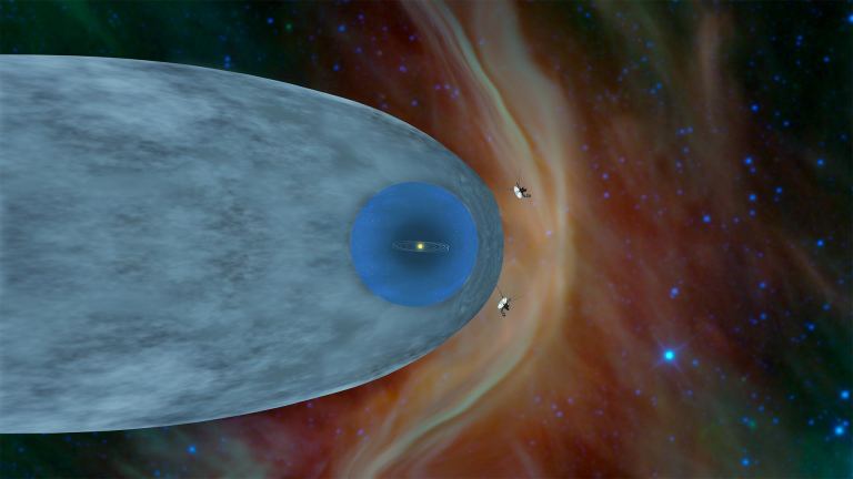  На этой иллюстрации показано положение зондов НАСА «Вояджер-1» и «Вояджер-2» за пределами гелиосферы — защитного пузыря, созданного Солнцем, который простирается далеко за орбиту Плутона. Вояджер-1 вышел из гелиосферы в августе 2012 года. Вояджер-2 вышел из гелиосферы в другом месте в ноябре 2018 года.