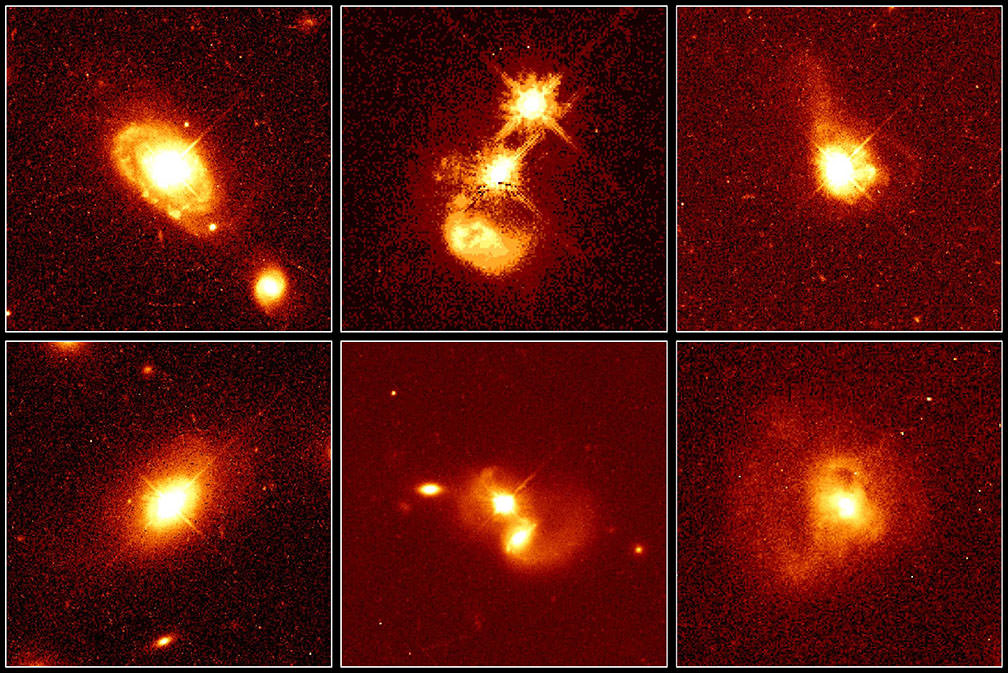  На снимках с длинными выдержками, сделанных с помощью космического телескопа «Хаббл», видны яркие квазары, вспыхивающие в сердцах шести далёких галактик.