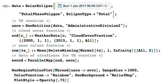 Computing 2017 eclipse path and historical cloud coverage for areas