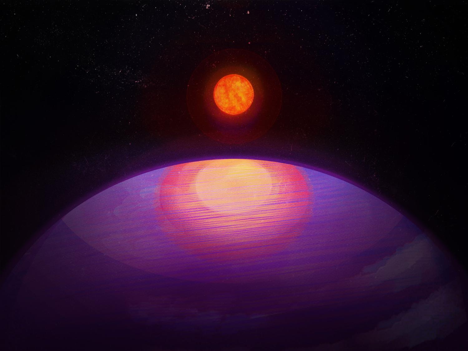 На этой иллюстрации художника показано, как может выглядеть звезда LHS 3145 с поверхности её планеты LHS 314b.