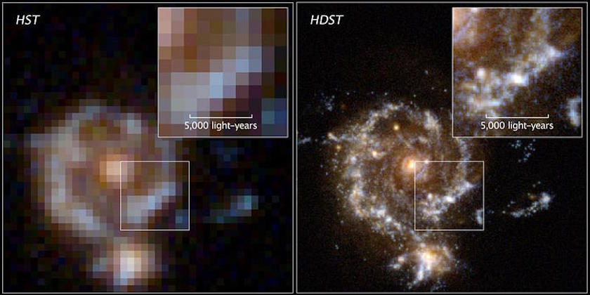 Симуляция того, что увидел бы Хаббл в далёкой звёздообразующей галактике (слева), и того, что увидел бы в той же галактике телескоп с зеркалом 10-15 метров, такой как LUVOIR (справа). Астрономическая мощь такой обсерватории будет несравнима ни с чем другим: ни на Земле, ни в космосе. LUVOIR, как предлагается, мог бы разглядеть структуры размером ~300-400 световых лет в каждой галактике во Вселенной.