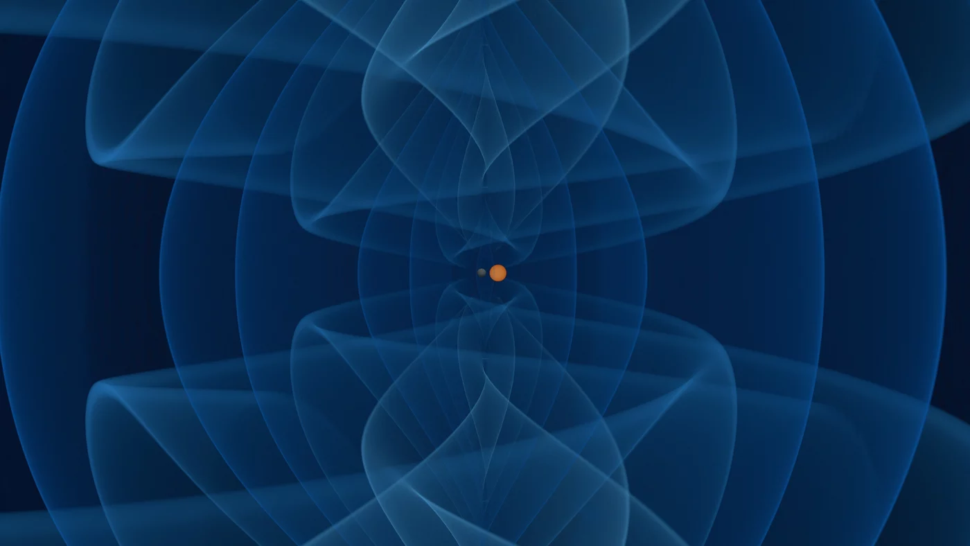 Сближение по спирали чёрной дыры с низкой массой (тёмно-серая поверхность) и нейтронной звезды (оранжевая сфера). Излучаемые гравитационные волны показаны цветами от тёмно-синего до голубого