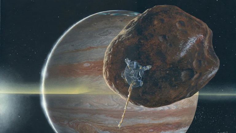 Художественный портрет космического зонда НАСА Galileo на орбите Юпитера.