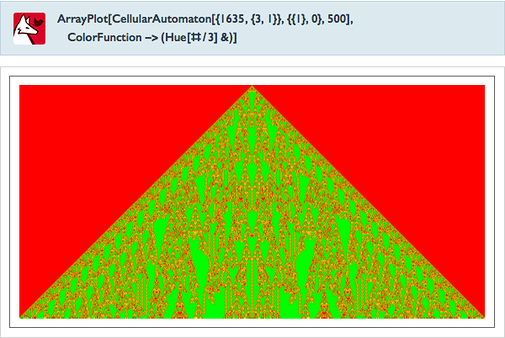 ArrayPlot[CellularAutomaton[{1635,{3,1}},{{1},0},500],ColorFunction->(Hue[#/3]&amp;)]