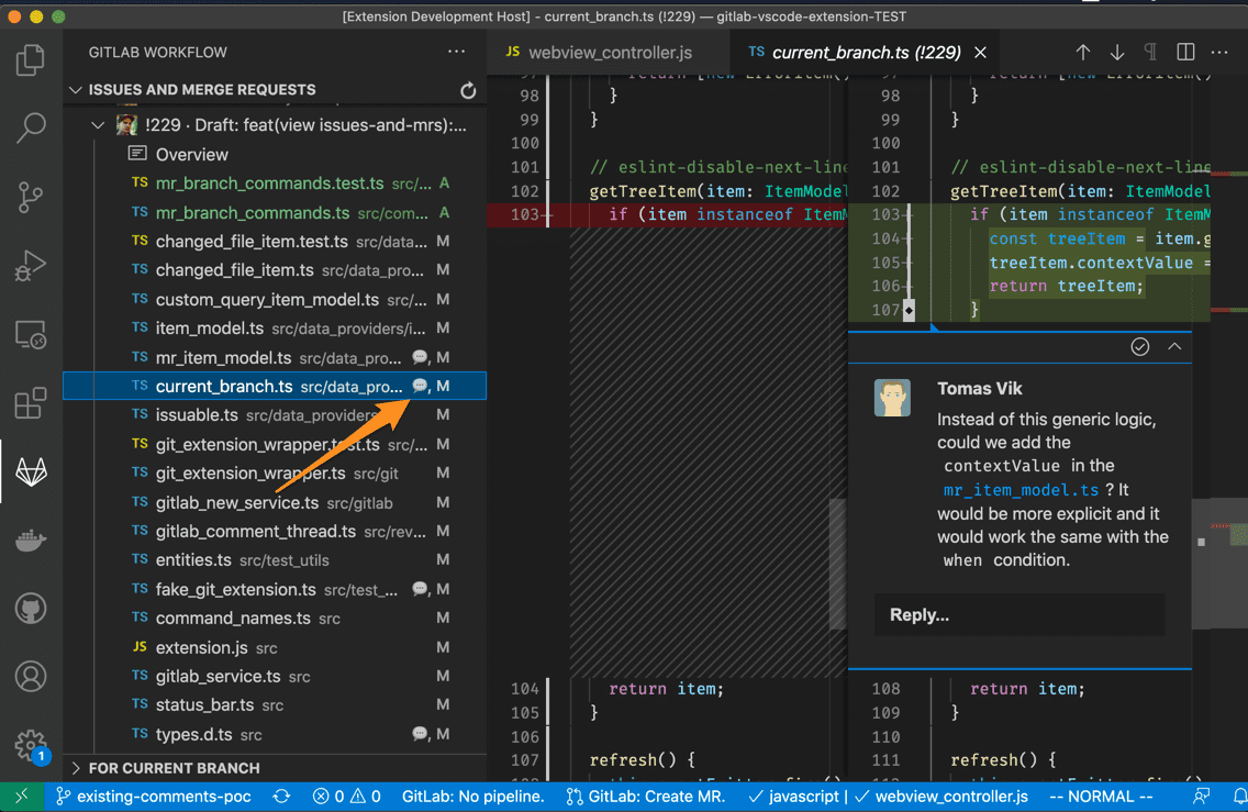 Comments indicator for merge request reviews in VS Code