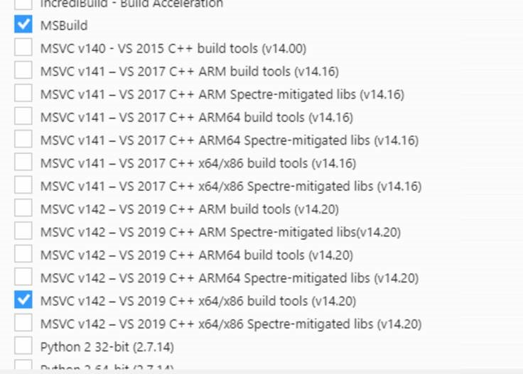 Pestaña Componentes individuales del instalador de VS que muestra la lista completa de componentes de C ++ disponibles en VS 2019