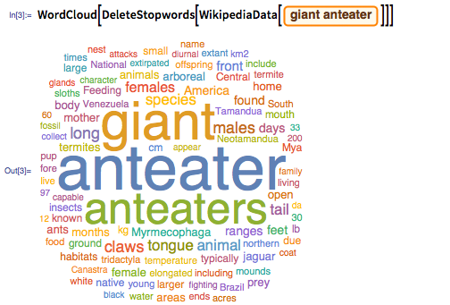 In[3]:= WordCloud[DeleteStopwords[WikipediaData[giant anteater]]]