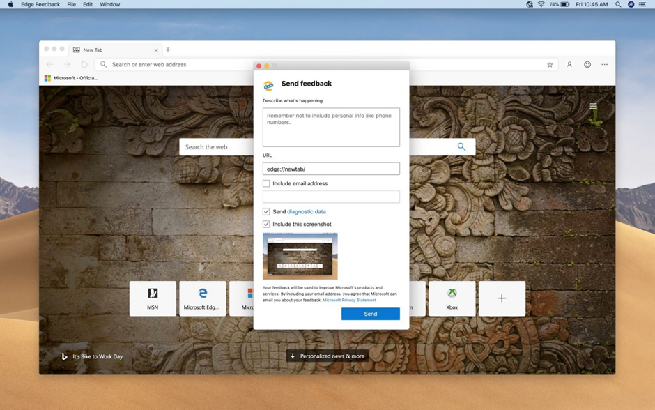 Screen capture showing the "Send feedback" dialog in Microsoft Edge