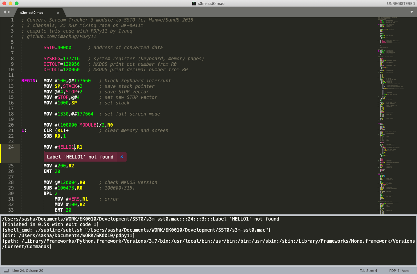 Compiling from Sublime Text with PDPy11 Cross Assembler