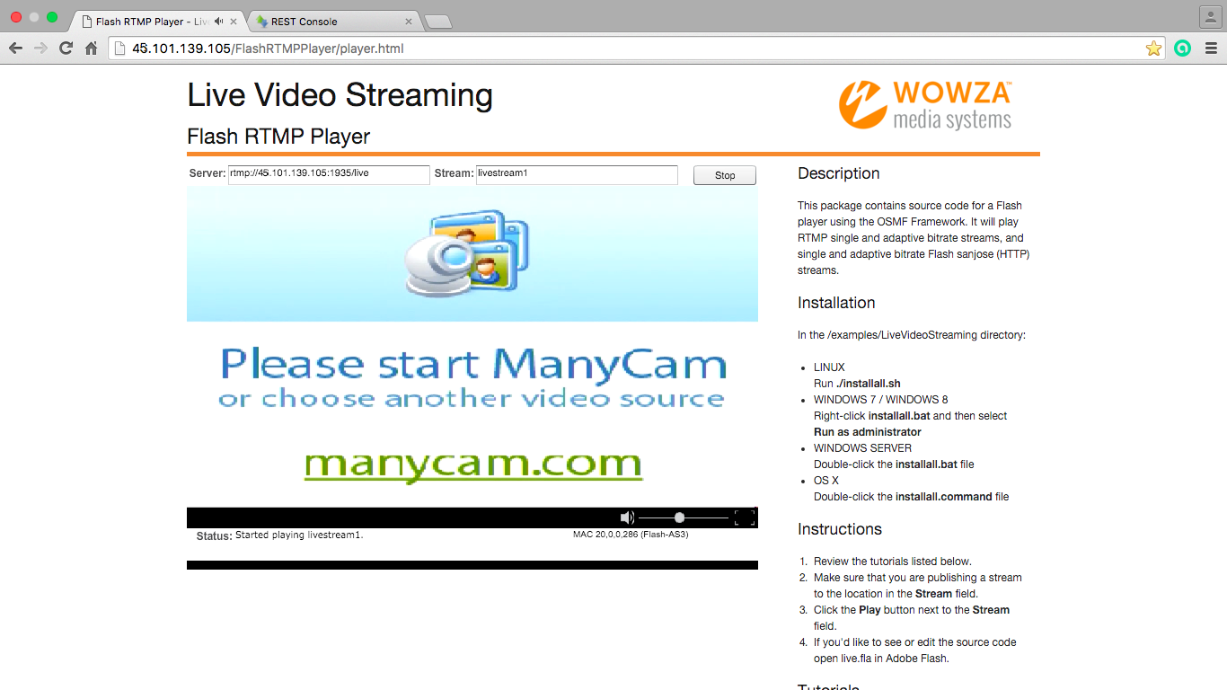 Проверочное видео в Flash Player полученное через сервер потокового вещания после запроса от Web Call Server к Vidyo