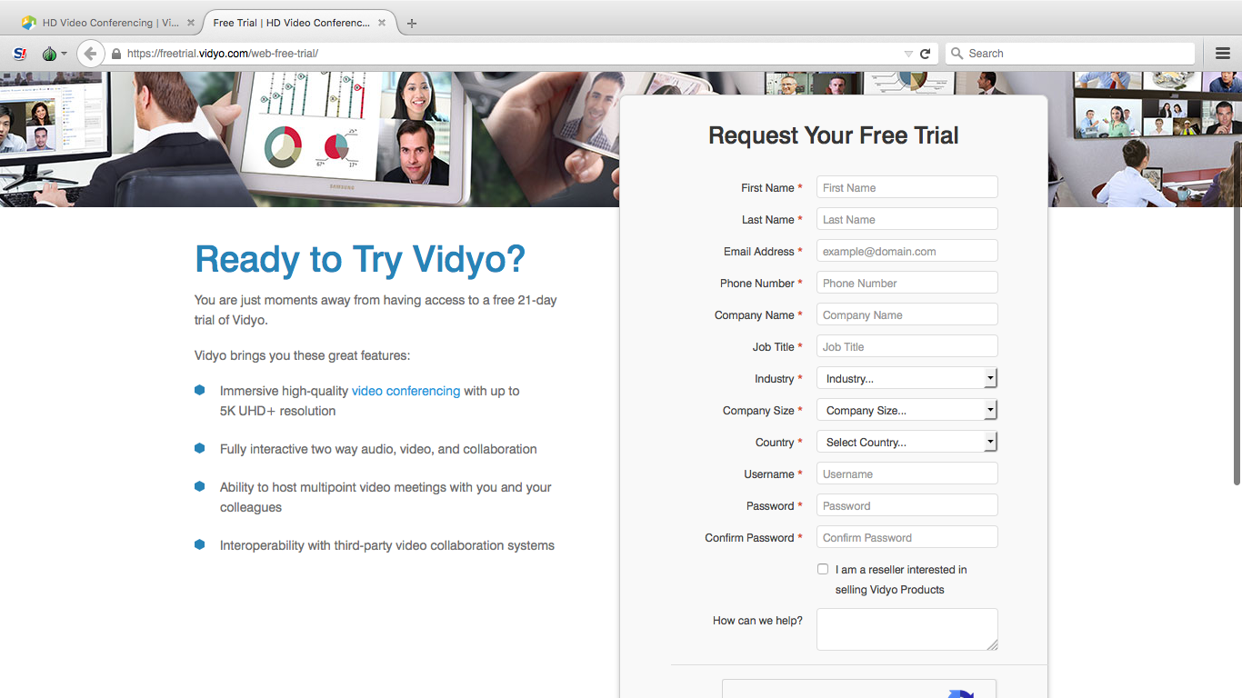 Страница регистрации на сервисе Vidyo