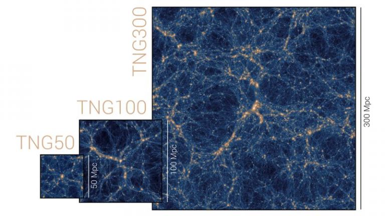  TNG 50, TNG 100 и TNG 300 моделируют все более крупные участки Вселенной, показывая, как тёмная материя распределена по Вселенной.