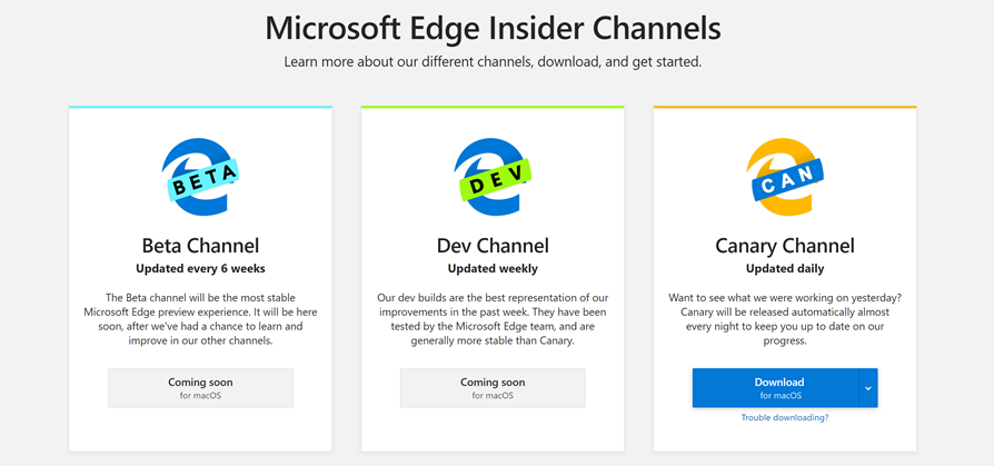 Screen capture of microsoftedgeinsider.com showing the three Insider Channels