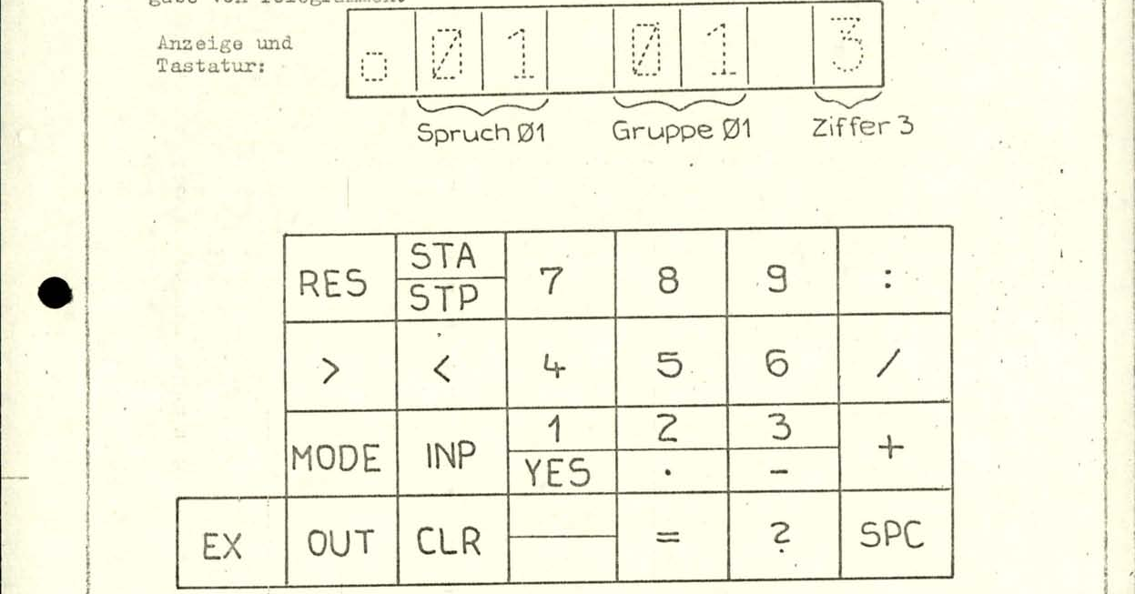 Technical drawing of display and keyboard: Display showing three groups of digits. Keyboard with numeric buttons, &#34;RES&#34;, &#34;STA/STP&#34;, &#34;&lt;&#34;, &#34;&gt;&#34;, &#34;MODE&#34;, &#34;INP&#34;, &#34;EX&#34;, &#34;OUT&#34;, &#34;CLR&#34; buttons.
