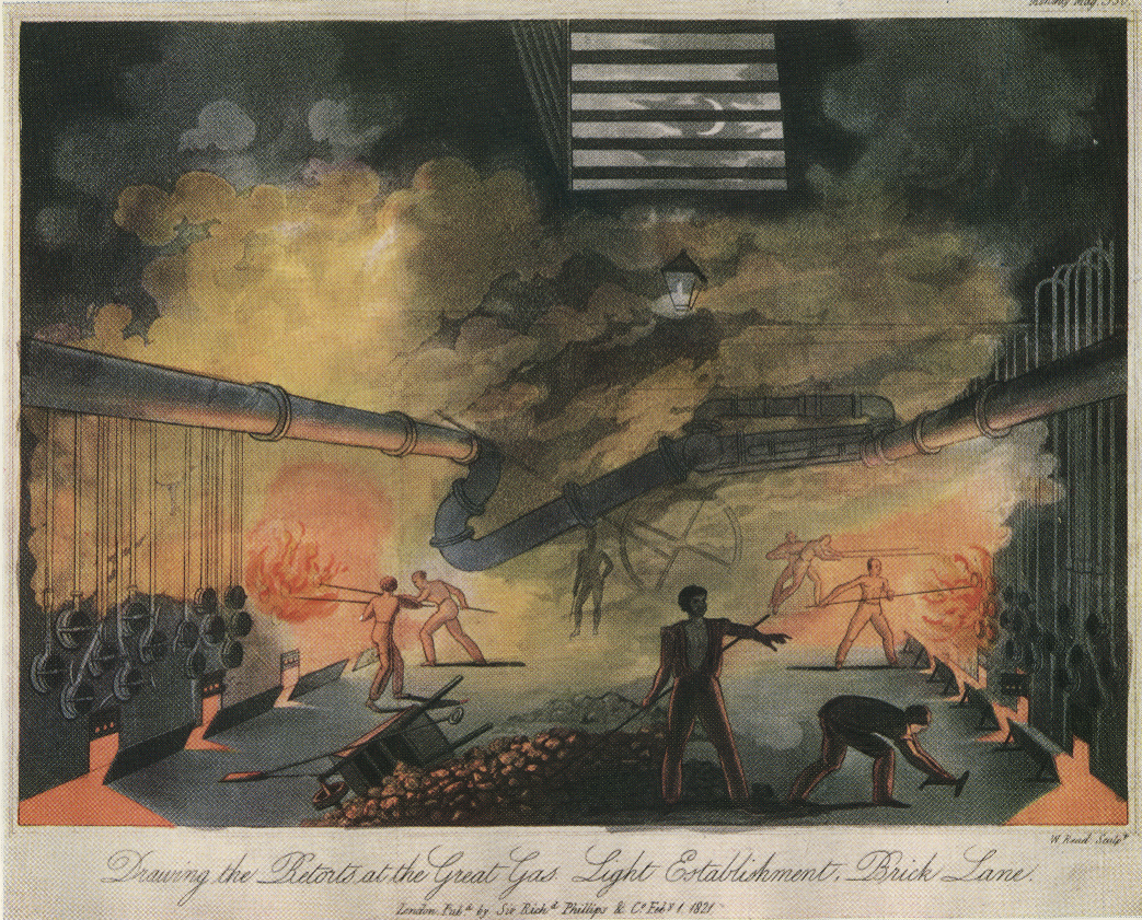 Иллюстрация 1821 года с изображением ретортной фабрики, в которой варили уголь для получения осветительного газа.