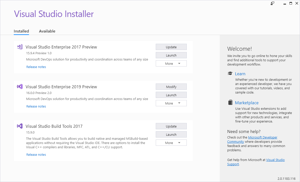 Visual Studio Installer image showing VS 2017 and VS 2019 installed side-by-side