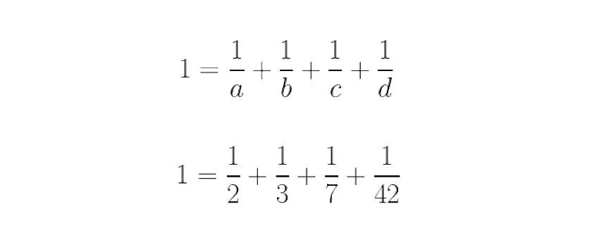 Уравнение 1 = 1/a + 1/b + 1/c + 1/d имеет всего несколько уникальных решений, если a, b, c и d — разные целые положительные числа. Самым большим числом, для которого существует решение этого уравнения, как это ни удивительно, является число 42.