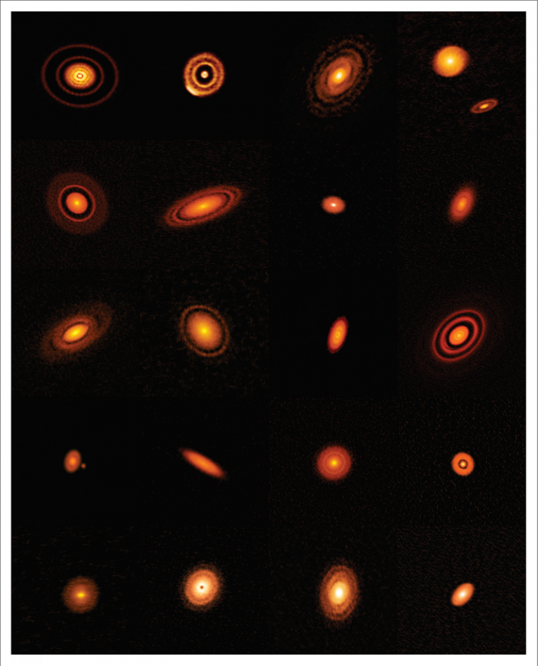 ALMA получил эти изображения протопланетных дисков с высоким разрешением в 2018 году в рамках проекта Disk Substructures at High Angular Resolution Project (DSHARP). Пробелы указывают на места формирования планет и «зачистки» их полос материала.