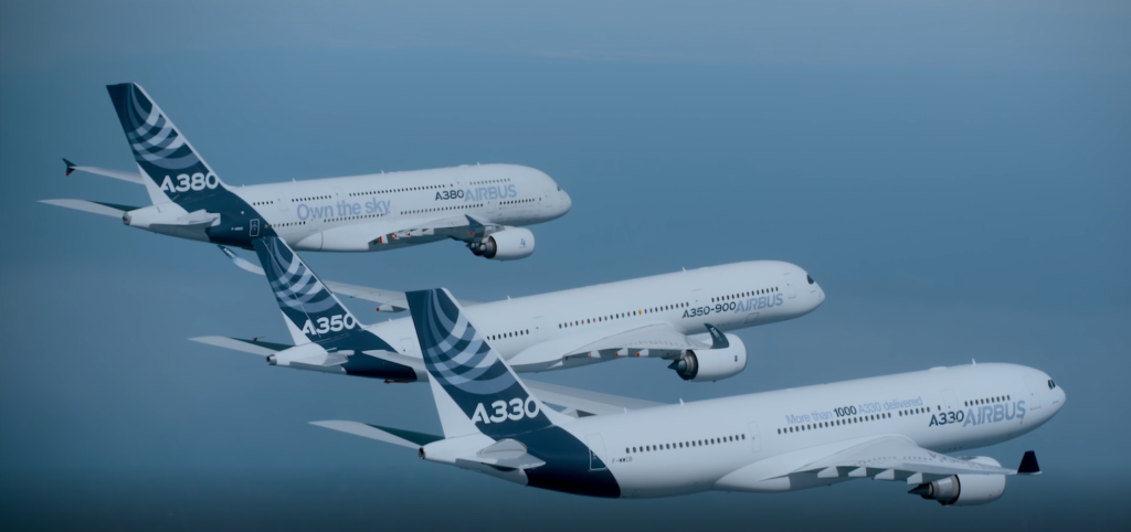 An aerial view of Airbus jets.