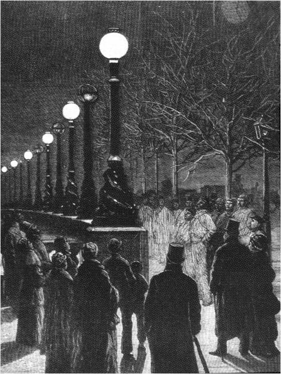 Электрические свечи Яблочкова в Лондоне вместе с относительно слабыми газовыми лампами, существовавшими до них.