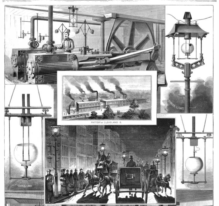 Фрагмент обложки журнала Scientific American от 02 апреля 1881 года, на котором изображены электростанция Браша, лампы Браша и фонари Браша, освещающие одну из улиц Нью-Йорка.