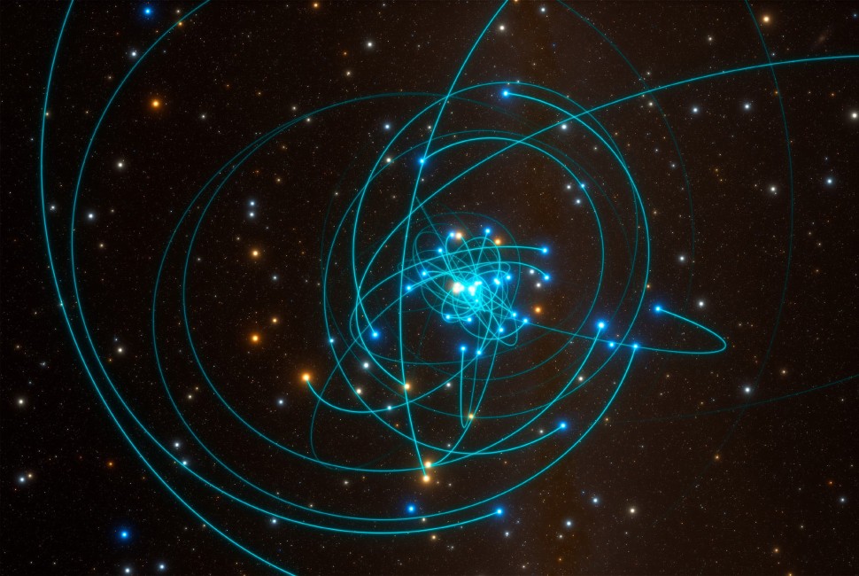  На этой иллюстрации показаны звёзды, вращающиеся вблизи центральной сверхмассивной чёрной дыры Млечного Пути. Чёрная дыра ускоряет близлежащие звёзды и заставляет их сталкиваться друг с другом.