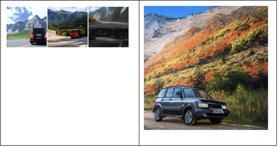 Автомобиль на дороге среди красивых гор (ruDALL-E XL vs Kandinsky)