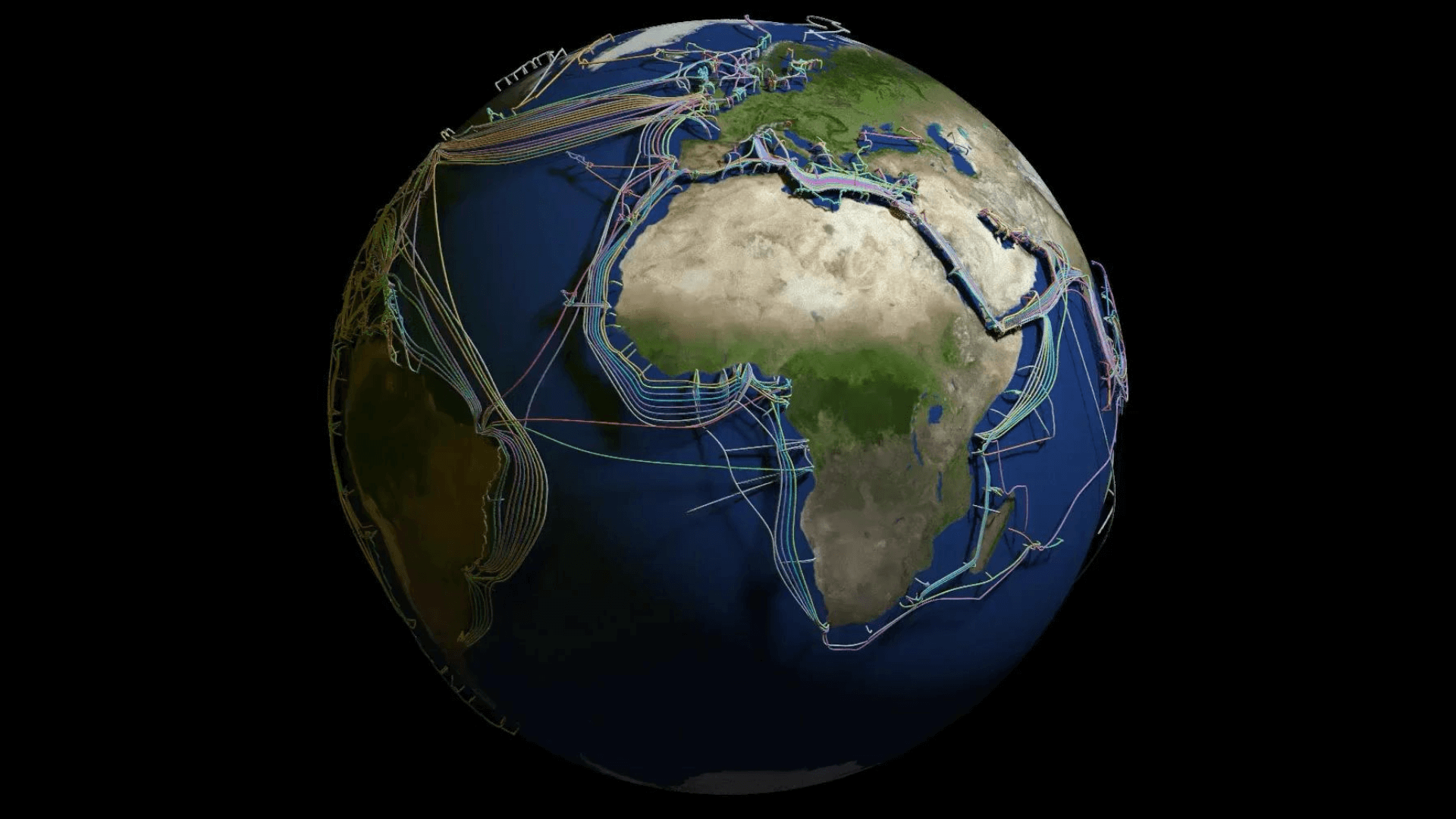 Скриншот 3D-карты кабелей, проложенных по дну океана. Автор Tyler Morgan-Wall