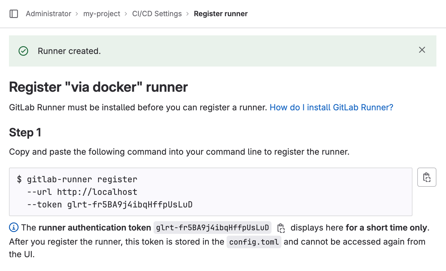 GitLab > Settings > CI/CD > Runners > New Project Runner > Create Runner