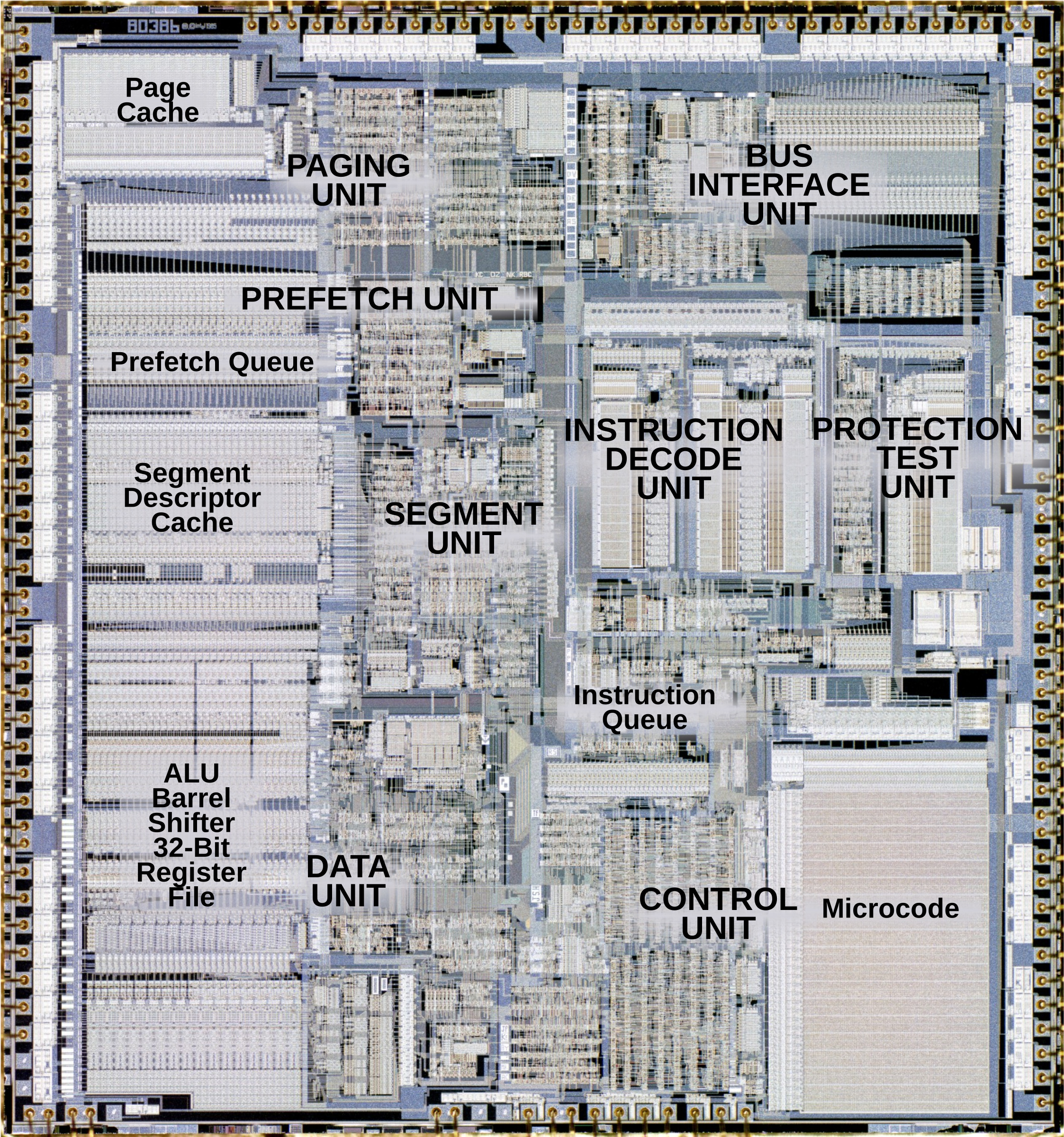 Рис.3.Фотография кристалла микропроцессора 80386 с обозначением функциональных областей. 1985г. Заимствованно из блога Кена Ширриффа, сайт http://www.righto.com/