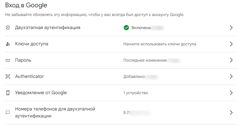 Пример расширенных настроек безопасности в Google Аккаунте