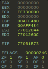 Регистры CPU, визуализированные при отладке 32-разрядного процесса в инструменте отладки x64dbg.