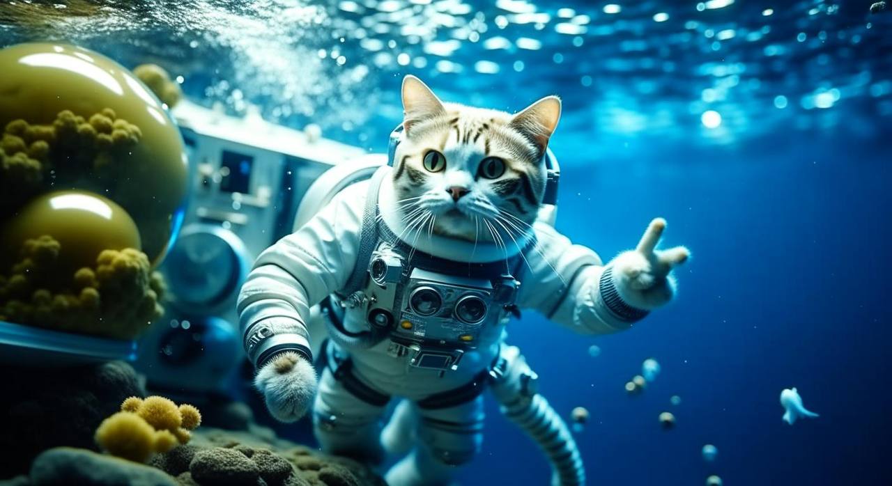 «Кот-астронавт ныряет в море, полное милых рыб, элегантный, высокая детализация, плавный, резкий фокус, красивый, полное тело, кинематографический, 8k» by Kandinsky 2.2