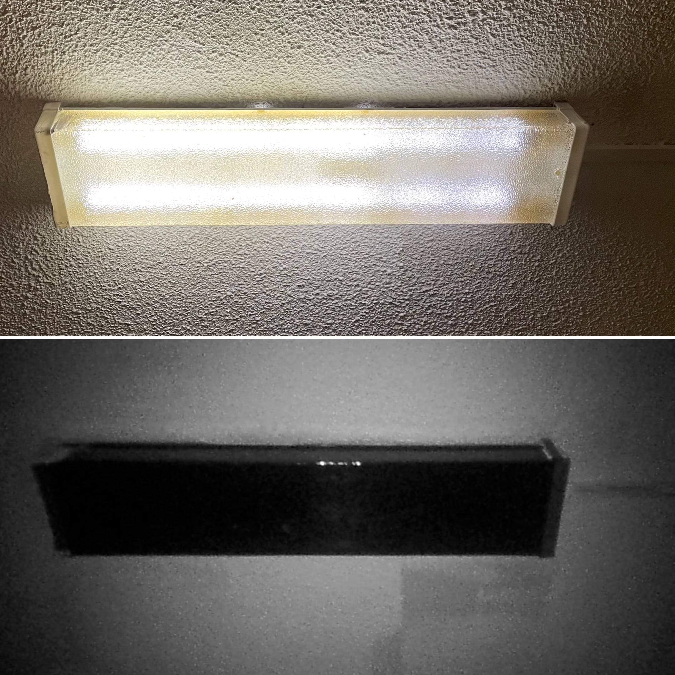 Сверху - фото лампы в видимом спектре, снизу - фото лампы в ультрафиолете с подсветкой внешним источником ультрафиолета