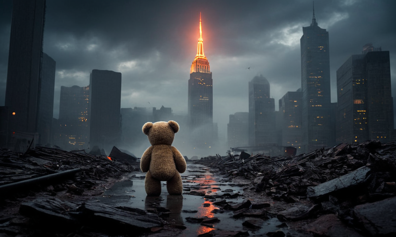 Photo of a gloomy ruined city, close-up of a teddy bear
