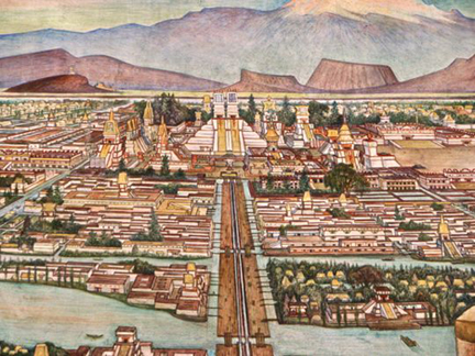 Теночтитлан, с фрески Диего Риверы в Национальном Дворце Мексики. В середине изображения находится дамба, ведущая из города-государства
