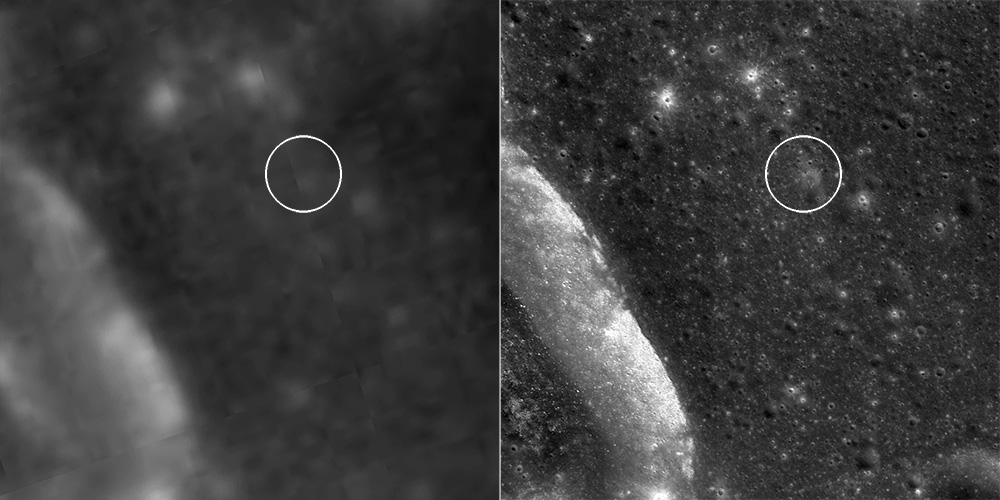 Сревнение снимка телескопа Hubble (слева) и спутника LRO (справа).