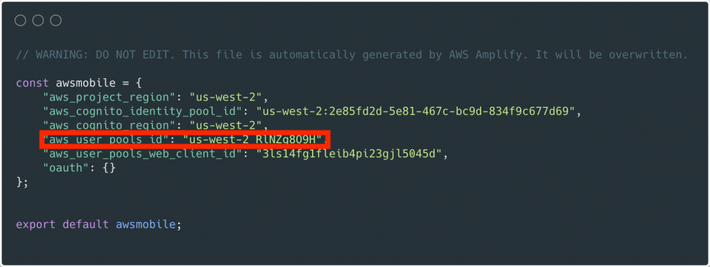 aws_user_pools_id в файле src / aws-exports.js