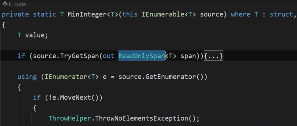 Если мы не можем получить Span<T> из IEnumerable to включается классическое исполнение метода