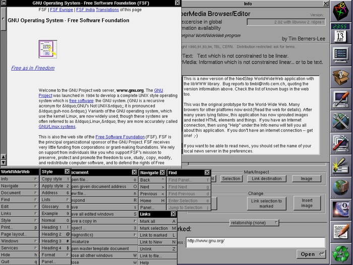 Скриншот первого в мире веб-браузера WorldWideWeb (Nexus)