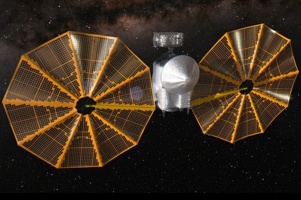 Космический аппарат "Люси", который, пролетит мимо шести троянских астероидов вблизи Юпитера. Рисунок предоставлен центром космических полетов имени Годдарда, NASA.